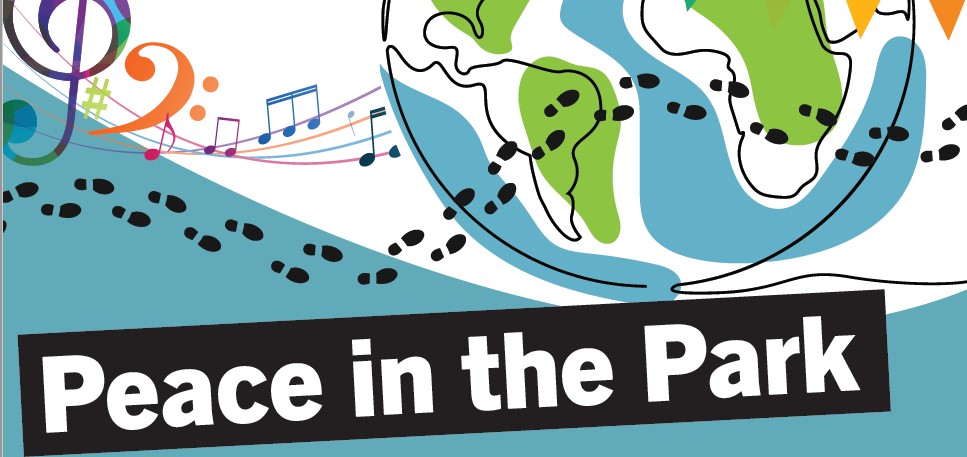 Drawing of the world with footprints Text reads Peace in the Park